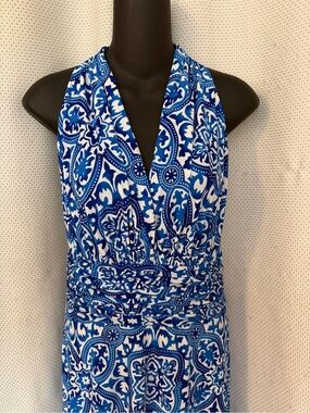 Evan Picone Blue and White Halter Maxi Dress
